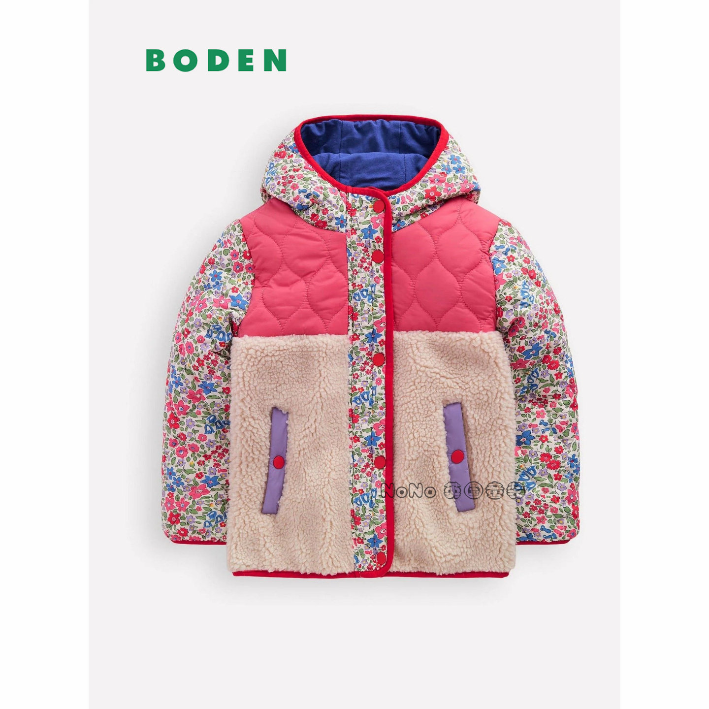 代购英国Mini BODEN女童粉色小碎花外套羊羔毛棉服加厚棉衣