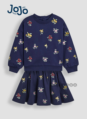 英国JOJO Maman Bebe女童蓝色碎花刺绣卫衣半裙套装1-9岁H19-346