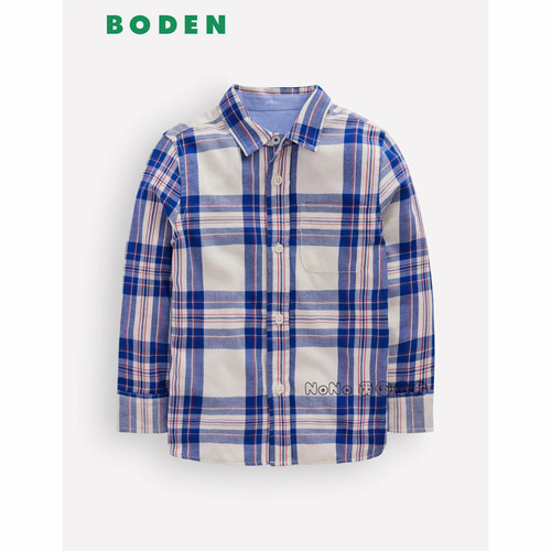 代购英国Mini BODEN男童蓝色格子衬衫长袖衬衣纯棉2-14岁B2779