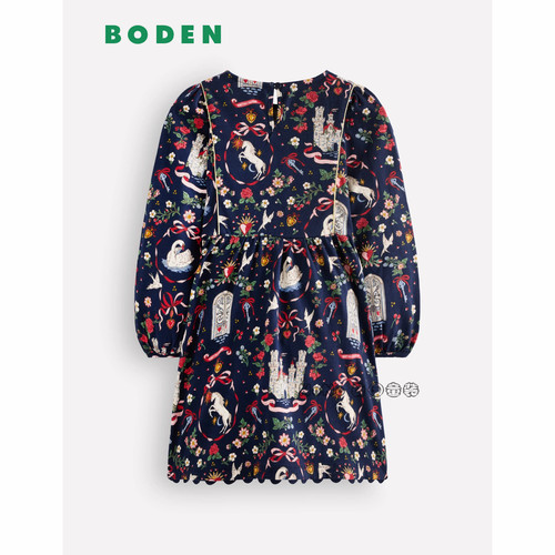 英国Mini Boden女童独角兽城堡天鹅长袖连衣裙全棉2-12岁G6174