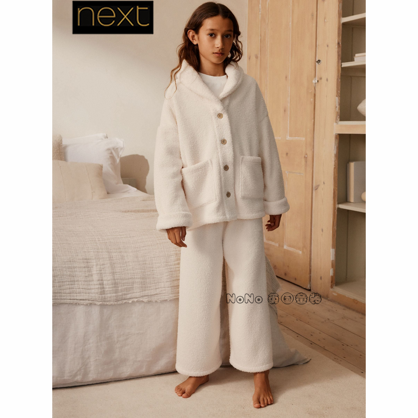 英国Next女大童亲子乳白色保暖厚长袖家居服睡衣裤3-16岁F28-859