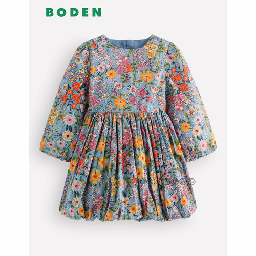 英国Mini Boden女童蓝色碎花礼服长袖连衣裙纯棉2-14岁新款G6116