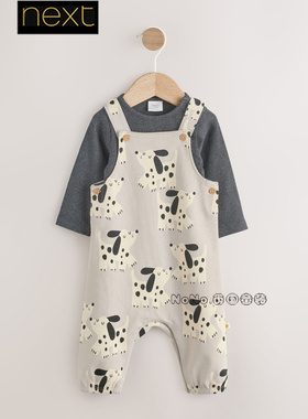 英国Next代购婴儿灰色小狗满印长袖包屁衣背带裤套装纯棉AN1-761