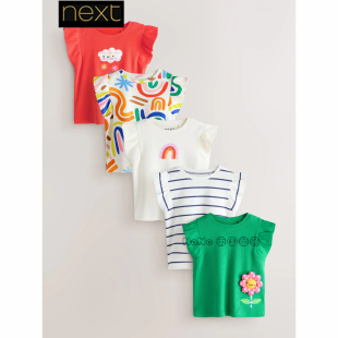 英国Next正品女童白红绿色彩虹条纹飞袖T恤圆领全棉1-7岁Y04-730