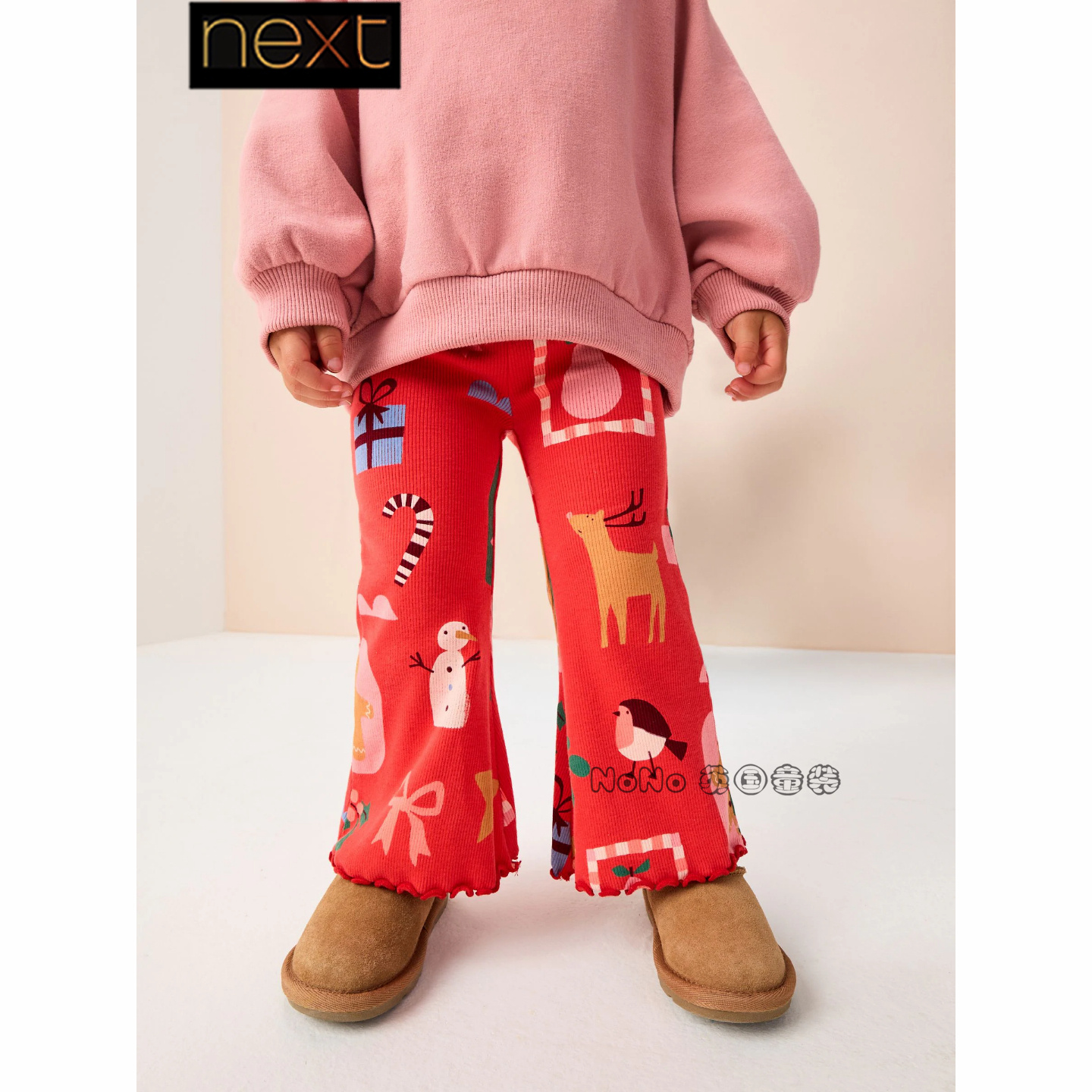 Next英国正品代购女童红色圣诞印花喇叭裤休闲长裤弹力F81-297