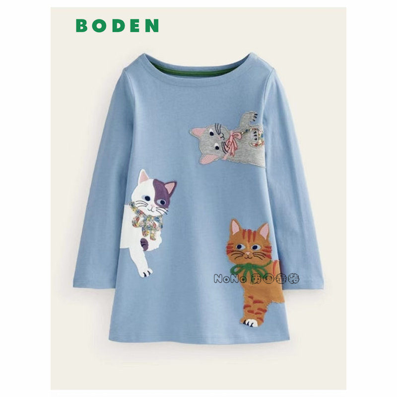 现货英国Mini BODEN正品女童猫咪贴布刺绣蓝色长款T恤裙春秋纯棉