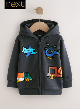 英国Next正品儿童灰色飞机工程车卫衣运动衫休闲连帽1-7岁F14-629