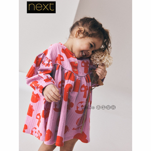 英国Next正品女童粉红色卡通印花连衣裙泡泡长袖1-7岁新款W17-453