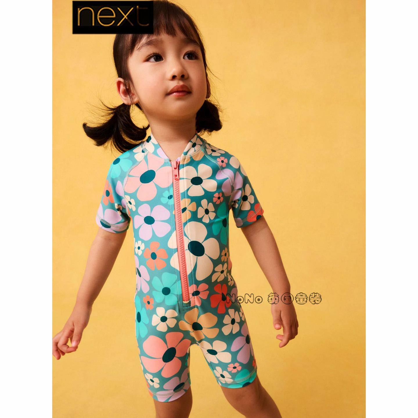 英国Next正品代购女童彩色花朵印花连体泳衣拉链短袖套头F66-544