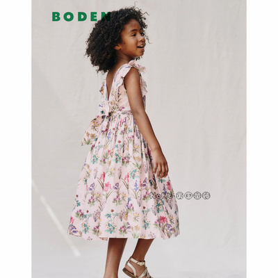 代购英国Mini Boden女童粉色花朵蝴蝶结连衣裙全棉2-12岁G5797