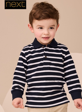 英国Next正品代购男童深蓝色条纹翻领纯棉长袖T恤POLO衫F16-661