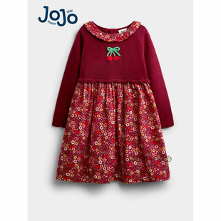 英国JoJo Maman Bebe女童新年红色樱桃碎花毛衣长袖连衣裙G24-877