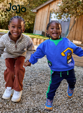 英国JOJO Maman Bebe男童蓝色挖掘机刺绣卫衣卫裤运动套装H20-947