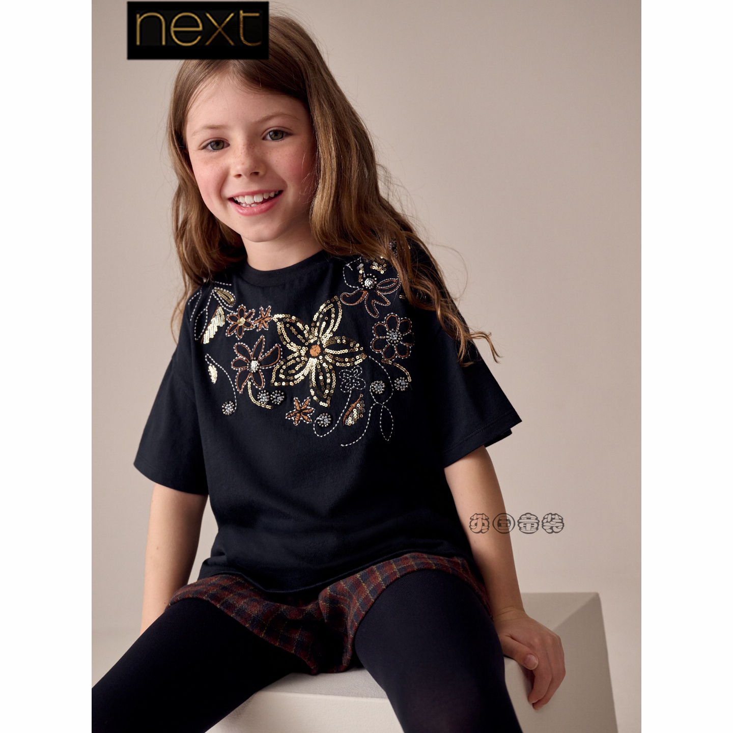 英国Next代购女大童亲子黑色花朵亮片短袖T恤纯棉3-16岁W28-608