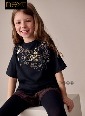英国Next代购女大童亲子黑色花朵亮片短袖T恤纯棉3-16岁W28-608