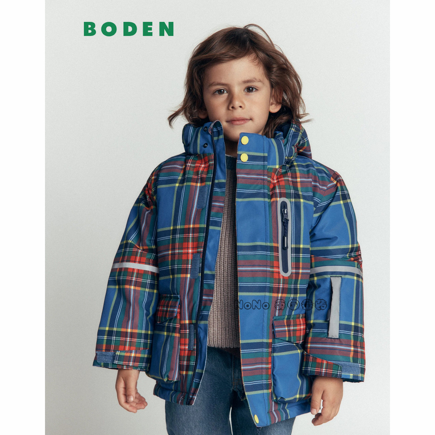 英国Mini BODEN男童蓝色格子滑雪外套棉服连帽棉衣2-14岁B3082
