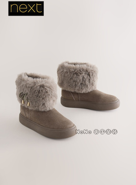 代购NEXT英国女大童款冬季棉靴靴子中筒马丁靴灰色毛毛AM8-622