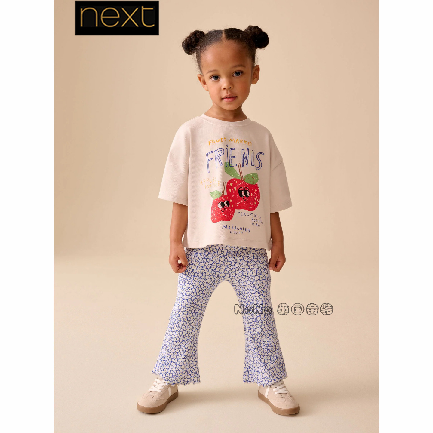 英国Next正品女童蓝白色碎花苹果短袖T恤喇叭裤套装1-7岁H53-959