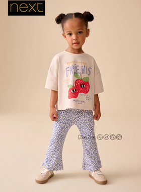 英国Next正品女童蓝白色碎花苹果短袖T恤喇叭裤套装1-7岁H53-959