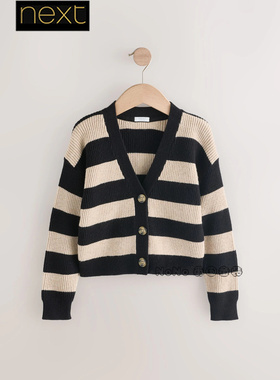 英国Next正品女大童亲子黑白色条纹毛衣针织开衫学院V领AV5-938