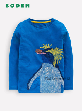 代购英国Mini BODEN男童中蓝色企鹅刺绣长袖T恤纯棉2-12岁B3051