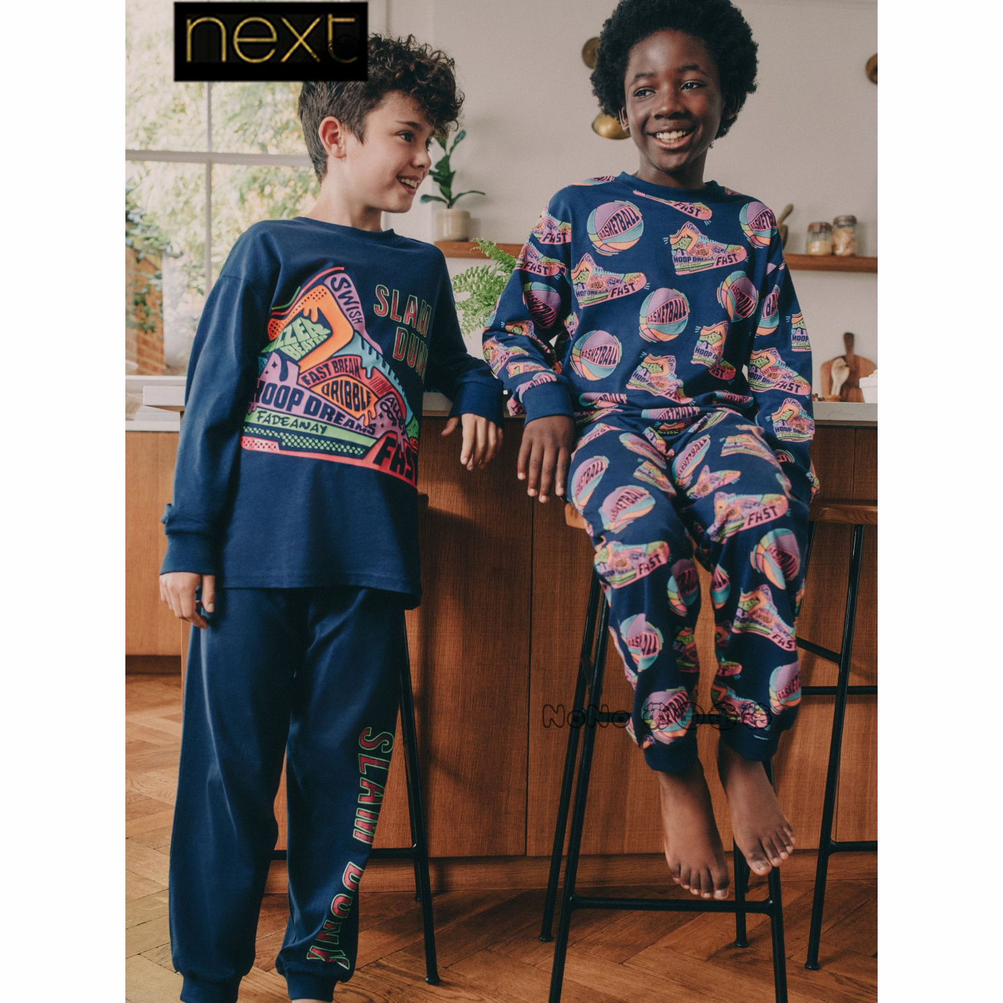 英国Next男大童蓝色篮球鞋涂鸦家居服睡衣裤纯棉3-16岁F33-461