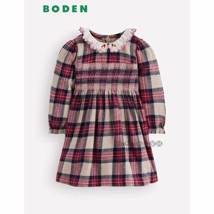英国mini Boden婴童红色格子打揽刺绣知更鸟长袖连衣裙0-3岁Y2755