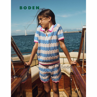 英国Mini T恤短裤 全棉2 12岁G5914 BODEN女童蓝白条纹POLO针织短袖