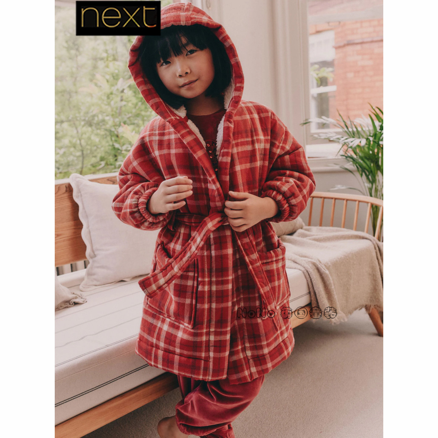 Next英国女款中大童亲子毛绒红色格子抓绒睡袍浴袍家居服F27-314