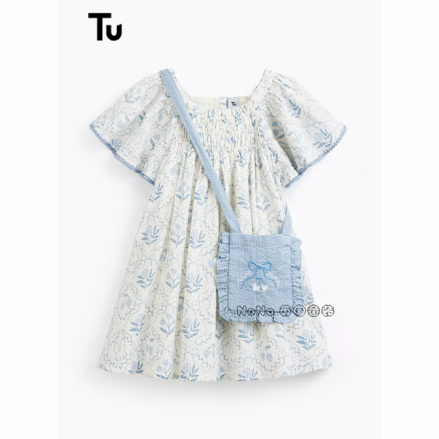 英国TU正品代购女童蓝色花朵刺绣斜挎包连衣裙短袖全棉新款1-7岁