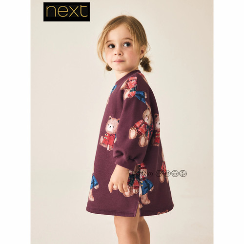英国Next正品女童酒红色小熊卫衣裙长袖连衣裙1-7岁新款Y62-800