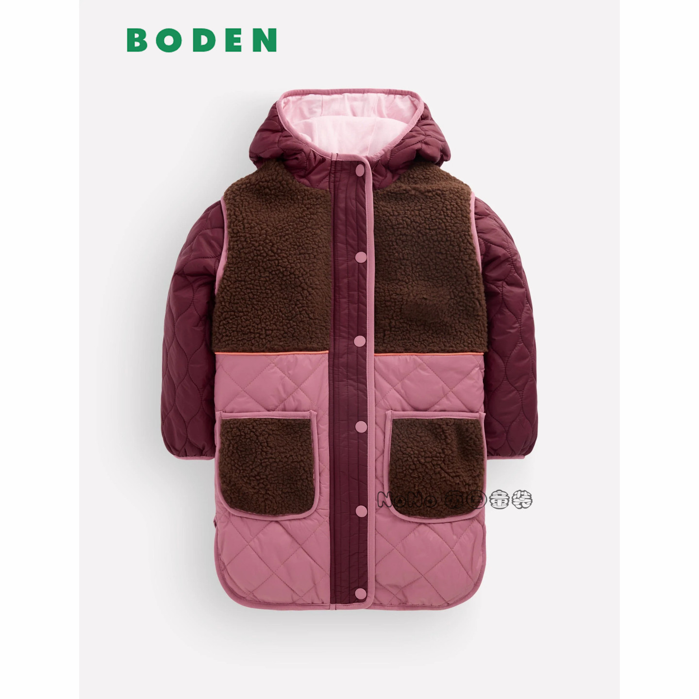 英国Mini BODEN女童粉棕拼色外套长款棉服夹棉衣2-14岁新款G6145