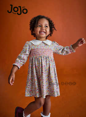 英国JoJo Maman Bebe女童黄色碎花打揽翻领长袖连衣裙纯棉F87-370