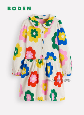 代购英国Mini Boden女童多彩花朵娃娃领长袖连衣裙纯棉G5510-STR