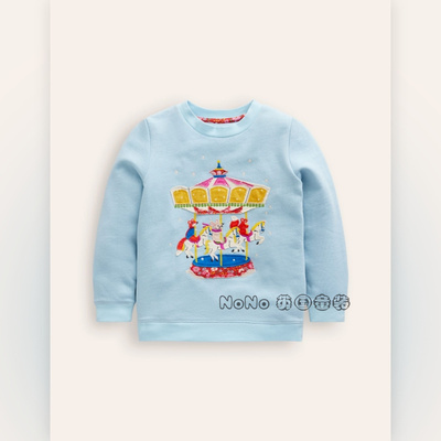 现货英国Mini Boden正品大童蓝色木马贴布刺绣卫衣运动衫加绒圆领