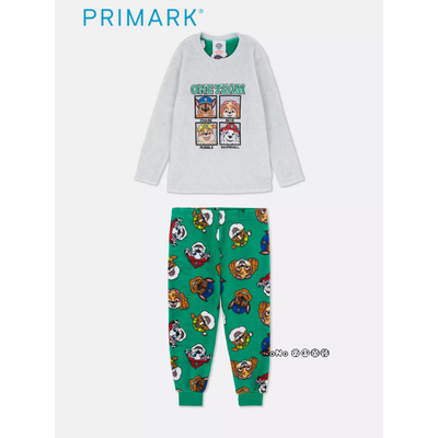 代购英国Primark儿童灰绿色汪汪队保暖绒长袖家居服睡衣秋裤1-7岁