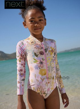 英国Next女大童粉黄色花连体泳衣长袖防晒泳裤套装SPF50+W64-241