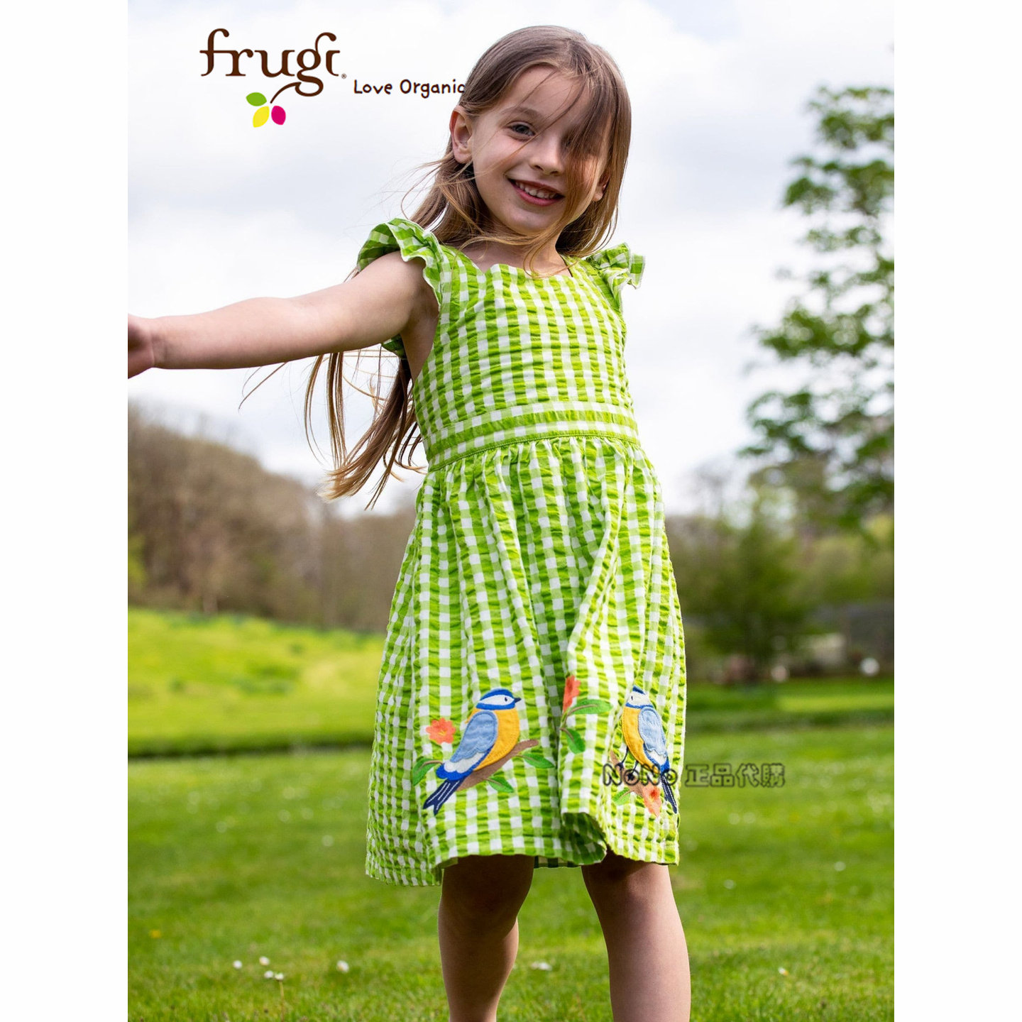 英国Frugi代购有机棉女童绿色格子小鸟刺绣连衣裙短袖纯棉F46-889
