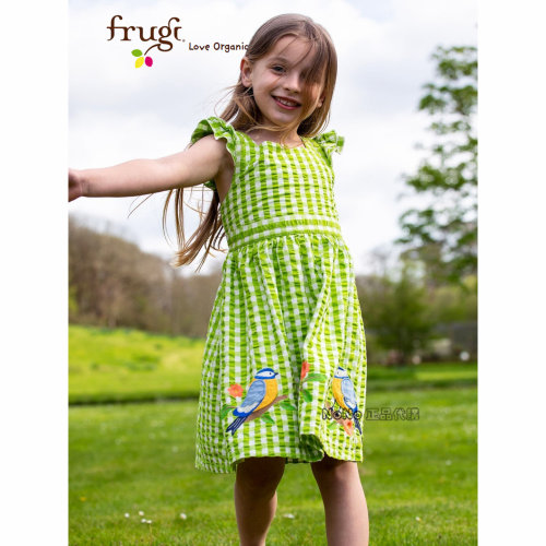 英国Frugi代购有机棉女童绿色格子小鸟刺绣连衣裙短袖纯棉F46-889