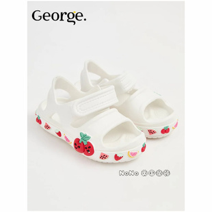 英国乔治George代购女童白色草莓露趾凉拖鞋凉鞋魔术贴1263419