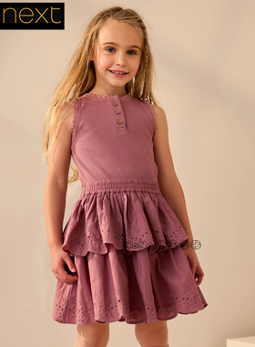 英国Next正品代购女大童紫色无袖连衣裙纯棉夏刺绣蛋糕裙AK1-605