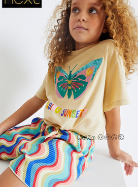 英国Next正品女大童亲子黄色蝴蝶T恤彩虹条纹短裤套装C96-160