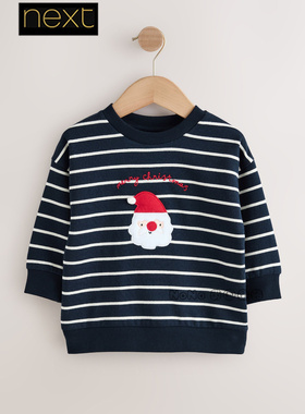 英国Next儿童蓝色条纹圣诞老人卫衣运动衫休闲纯棉1-7岁F60-316