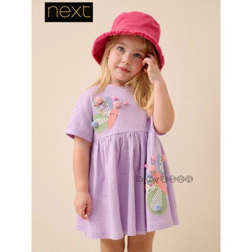 英国Next代购女童紫色蝴蝶刺绣全棉短袖连衣裙1-7岁新款Y43-478