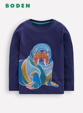 代购英国Mini BODEN男童深蓝色海象刺绣长袖T恤纯棉2-12岁B3051