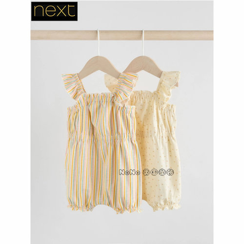 英国Next正品女婴儿黄色条纹波点夏连体纯棉短爬开裆按扣AT6-044