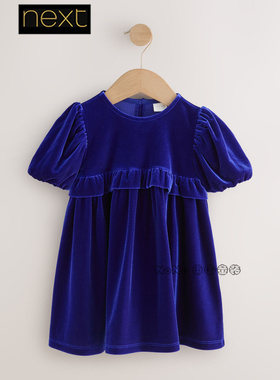 英国Next正品代购女童蓝色高级丝绒连衣裙礼服泡泡袖1-8岁F69-843