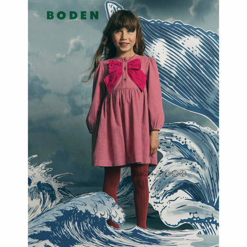 英国Mini Boden女童粉红色蝴蝶结全棉长袖连衣裙2-12岁新款G5656
