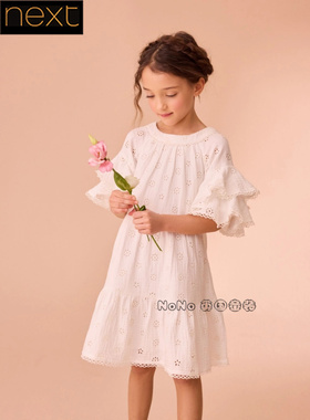 英国Next正品代购女大童亲子白色刺绣短袖连衣裙纯棉礼服E92-360