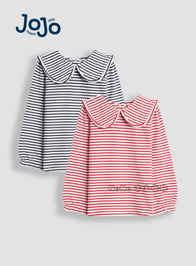 英国Jojo Maman Bebe女童红蓝色条纹翻领长袖T恤纯棉1-7岁F86-329
